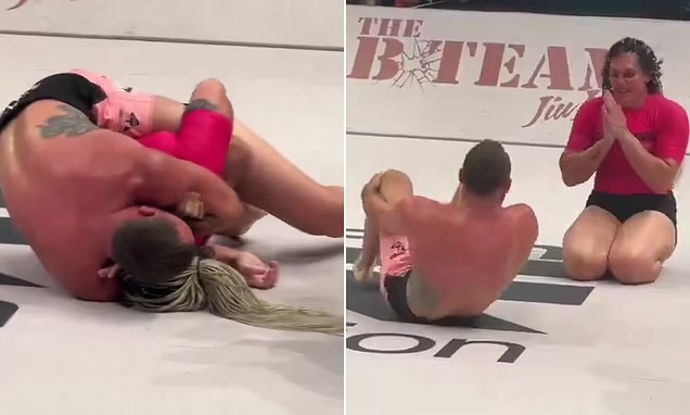 Now Jiu Jitsu sparks gender row as male fighter controversially kisses his 6ft 2in female opponent before choking her out in the sport’s first mixed sexes bout